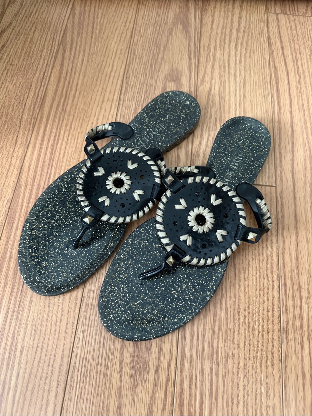 Jack Rogers Black Beaded Circle Thong Sandals